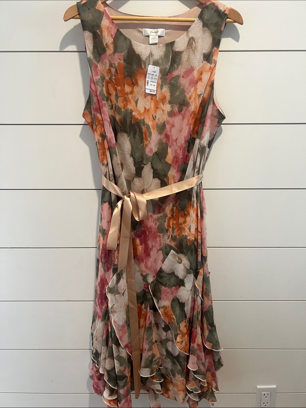 CJ Banks Floral Sleeveless Belted Midi Dress in Pink, Orange & Green